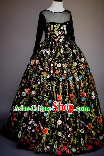 Top Grade Chinese Compere Professional Performance Piano Recital Catwalks Costume, Children Chorus Embroidery Flowers Black Wedding Bubble Formal Dress Modern Dance Baby Princess Trailing Long Dress for Girls Kids