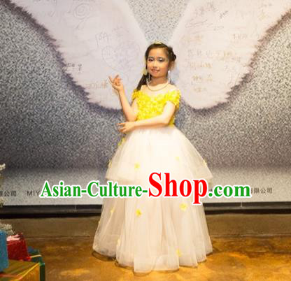 Top Grade Chinese Compere Professional Performance Catwalks Costume, Children Chorus Luxury Flower Fairy Yellow Wedding Bubble Formal Dress Modern Dance Baby Princess Long Trailing Dress for Girls Kids