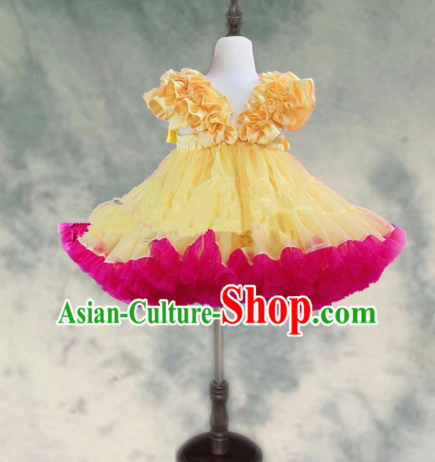 Top Grade Chinese Compere Professional Performance Catwalks Costume, Children Chorus Yellow and Pink Bubble Formal Dress Modern Dance Baby Princess Veil Short Dress for Girls Kids