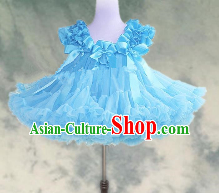 Top Grade Chinese Compere Professional Performance Catwalks Costume, Children Chorus Light Blue Bubble Formal Dress Modern Dance Baby Princess Veil Short Dress for Girls Kids
