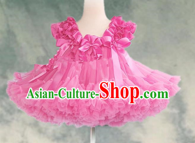 Top Grade Chinese Compere Professional Performance Catwalks Costume, Children Chorus Pink Bubble Formal Dress Modern Dance Baby Princess Veil Short Dress for Girls Kids