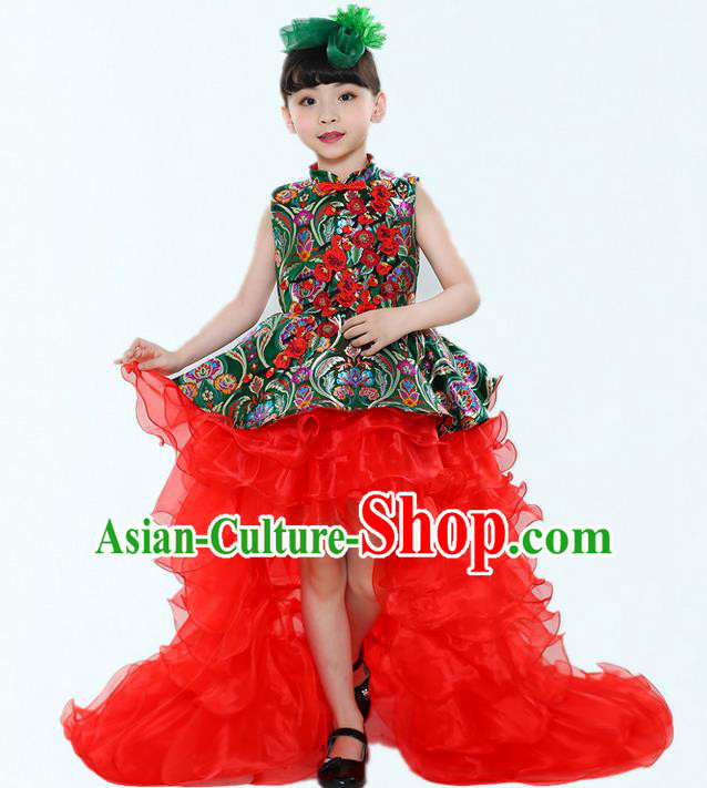 Top Grade Chinese Compere Professional Performance China Style Catwalks Costume, Children Chorus Red Cheongsam Formal Dress Modern Dance Baby Princess Long Trailing Dress for Girls Kids