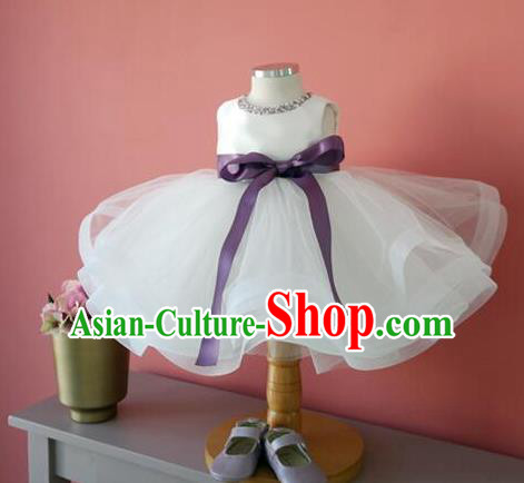 Top Grade Chinese Compere Professional Performance Catwalks Costume, Children Chorus White Veil Bubble Formal Dress Modern Dance Baby Princess Short Dress for Girls Kids