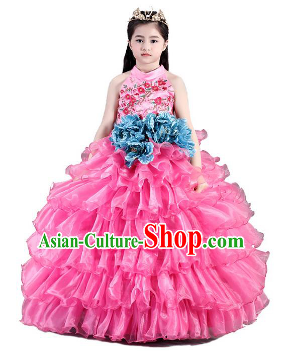 Top Grade Compere Professional Performance Catwalks Costume, Children Chorus Pink Bubble Wedding Formal Dress Modern Dance Baby Princess Ball Gown Long Dress for Girls Kids