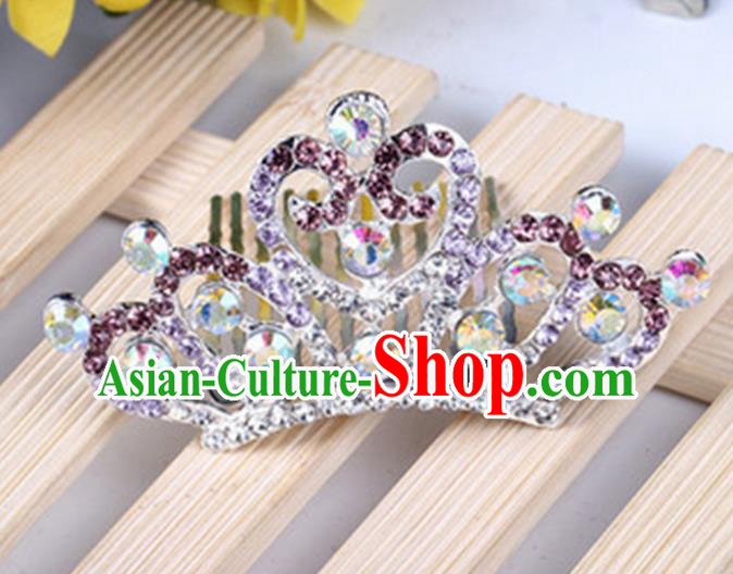 Top Grade Handmade Classical Hair Accessories, Children Baroque Style Purple Crystal Princess Royal Crown Hair Comb Jewellery for Kids Girls