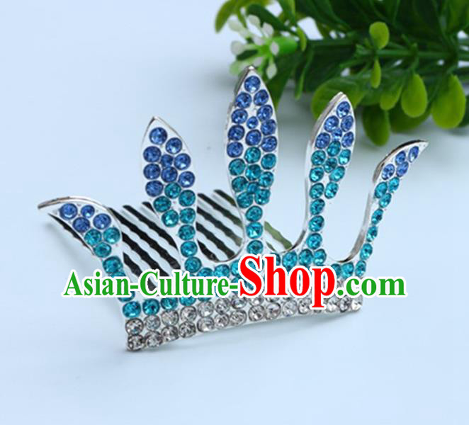 Top Grade Handmade Classical Hair Accessories, Children Baroque Style Blue Crystal Baby Princess Royal Crown Twist Inserted Comb Hair Comb Jewellery for Kids Girls