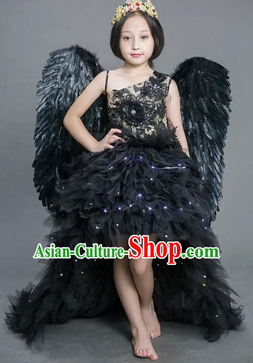 Top Grade Compere Professional Performance Catwalks Costume, Children Chorus Black Feathers Bubble Full Dress With Wings Modern Dance Baby Princess Modern Fancywork Ball Gown Long Trailing Dress for Girls Kids