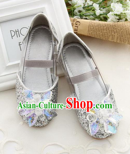 Top Grade Handmade Classical Crystal Shoes, Children Baroque Style Wedding Princess Silver Dance Shoes for Kids Girls