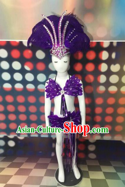 Top Grade Compere Professional Performance Catwalks Swimsuit Costume, Children Chorus Customize Purple Feather Full Dress with Wings Modern Dance Baby Princess Modern Fancywork Long Trailing Clothing for Girls Kids