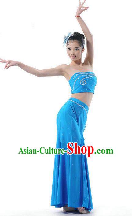 Traditional Chinese Dai Nationality Peacock Dancing Costume, Folk Dance Ethnic Costume, Chinese Minority Nationality Dancing Blue Dress for Women