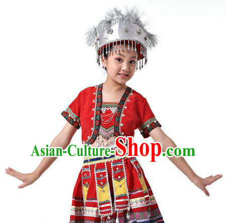 Traditional Chinese Miao Nationality Dancing Costume, Children Hmong Folk Dance Ethnic Costume, Chinese Miao Minority Nationality Dance Costume for Kids