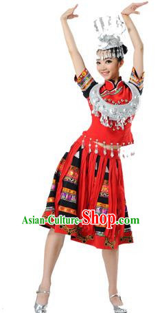 Traditional Chinese Miao Nationality Dancing Costume, Hmong Female Folk Dance Ethnic Short Red Pleated Skirt, Chinese Minority Nationality Embroidery Costume for Women