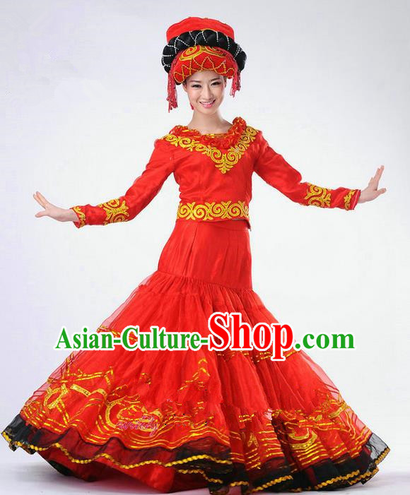 Traditional Chinese Yi Nationality Dancing Costume, Yi Zu Female Folk Dance Ethnic Red Pleated Skirt, Chinese Yi Minority Nationality Embroidery Costume for Women