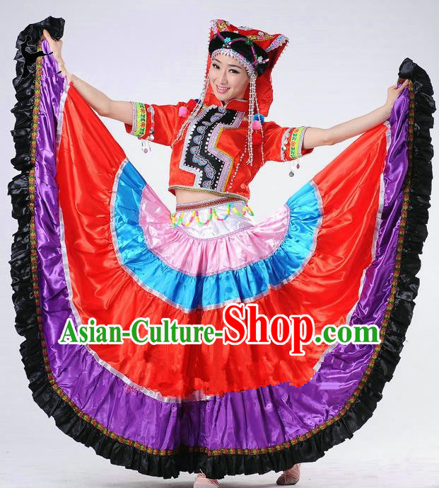 Traditional Chinese Yi Nationality Dancing Costume, Yi Zu Female Folk Dance Ethnic Big Swing Pleated Skirt, Chinese Yi Minority Nationality Embroidery Costume for Women