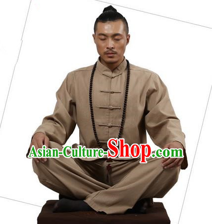 Top Grade Kung Fu Costume Martial Arts Khaki Linen Suits Pulian Zen Clothing, Training Costume Tai Ji Uniforms Gongfu Shaolin Wushu Tai Chi Clothing for Men