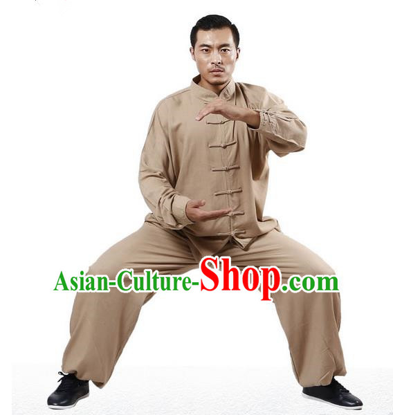 Top Grade Kung Fu Costume Martial Arts Khaki Linen Suits Pulian Zen Clothing, Training Costume Tai Ji Uniforms Gongfu Shaolin Wushu Tai Chi Plated Buttons Clothing for Men