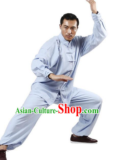 Top Grade Kung Fu Costume Martial Arts Blue Linen Suits Pulian Zen Clothing, Training Costume Tai Ji Uniforms Gongfu Shaolin Wushu Tai Chi Plated Buttons Clothing for Men