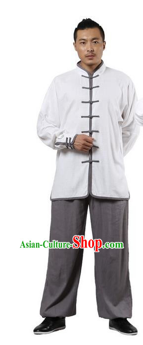 Top Grade Kung Fu Costume Martial Arts White Grey Edge Suits Pulian Zen Clothing, Training Costume Tai Ji Uniforms Gongfu Shaolin Wushu Tai Chi Plated Buttons Clothing for Men
