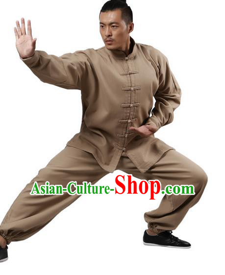 Top Grade Kung Fu Costume Martial Arts Khaki Brushed Linen Thicken Suits Pulian Zen Clothing, Training Costume Tai Ji Uniforms Gongfu Shaolin Wushu Tai Chi Plated Buttons Clothing for Men