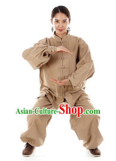 Top Kung Fu Costume Pulian Clothing Martial Arts Army Khaki Linen Suits, Training Costume Tai Ji Uniforms Gongfu Shaolin Wushu Tai Chi Clothing for Women