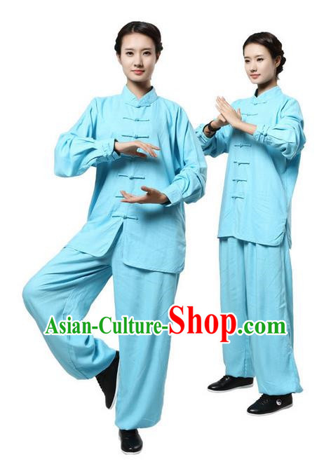 Top Grade Kung Fu Costume Martial Arts Blue Linen Suits Pulian Zen Clothing, Training Costume Tai Ji Uniforms Gongfu Shaolin Wushu Tai Chi Plated Buttons Clothing for Women