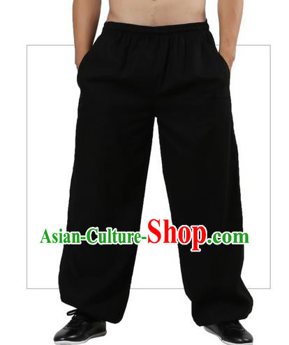 Top Grade Kung Fu Costume Martial Arts Black Linen Pants Pulian Zen Clothing, Training Bloomers Gongfu Trousers Shaolin Wushu Tai Chi Plus Fours for Men