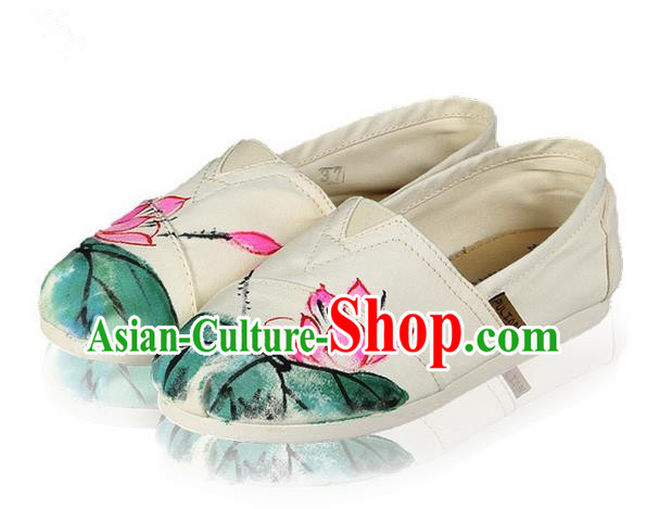Top Grade Kung Fu Martial Arts Shoes Pulian Shoes, Chinese Traditional Tai Chi Linen Painting Pink Lotus Shoes Cloth Zen Shoes for Women