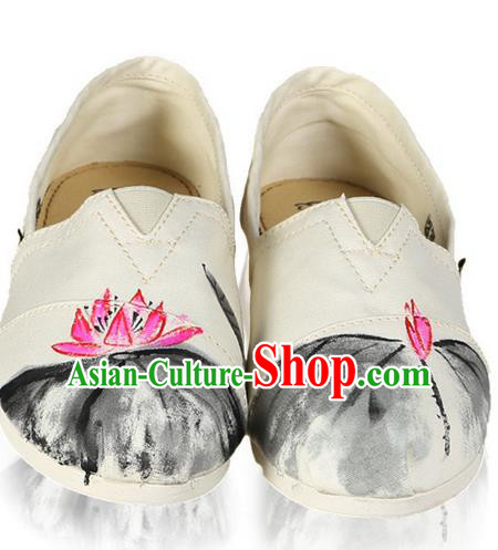 Top Grade Kung Fu Martial Arts Shoes Pulian Shoes, Chinese Traditional Tai Chi Linen Ink Painting Pink Lotus Shoes Cloth Zen Shoes for Women