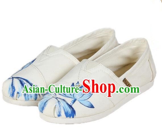 Top Grade Kung Fu Martial Arts Shoes Pulian Shoes, Chinese Traditional Tai Chi Linen Painting Blue Lotus Shoes Cloth Zen Shoes for Women