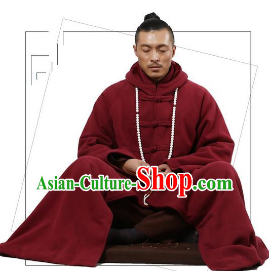 Top Kung Fu Costume Martial Arts Wine Red Cloak Pulian Clothing, Tai Ji Mantle Gongfu Shaolin Wushu Tai Chi Meditation Plated Buttons Cape for Women for Men