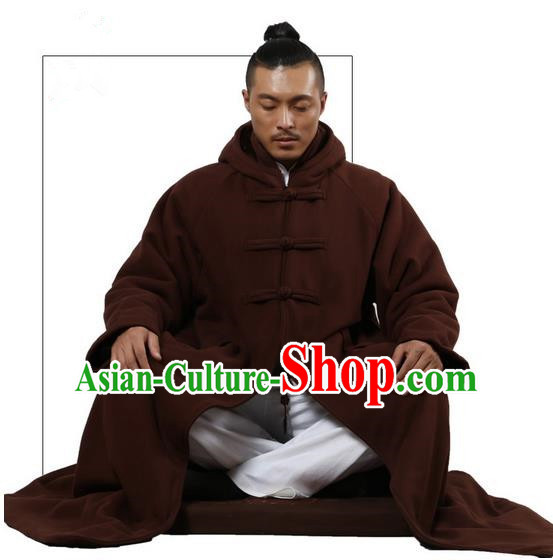 Top Kung Fu Costume Martial Arts Brownness Cloak Pulian Clothing, Tai Ji Mantle Gongfu Shaolin Wushu Tai Chi Meditation Plated Buttons Cape for Women for Men