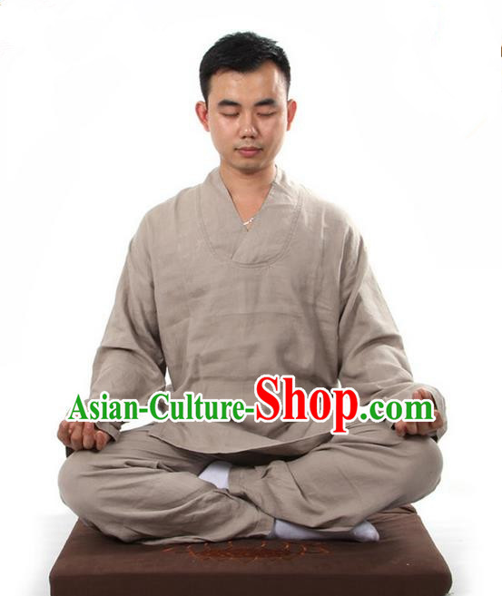 Top Grade Kung Fu Costume Martial Arts Linen Meditation Suits Pulian Zen Clothing, Training Costume Tai Ji Khaki Uniforms Gongfu Shaolin Wushu Tai Chi Clothing for Men