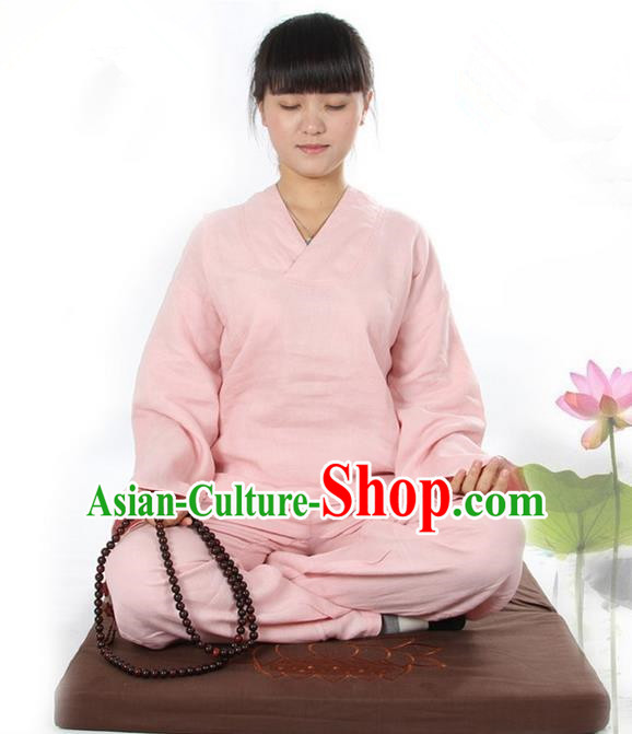 Top Grade Kung Fu Costume Martial Arts Linen Meditation Suits Pulian Zen Clothing, Training Costume Tai Ji Pink Uniforms Gongfu Shaolin Wushu Tai Chi Clothing for Women