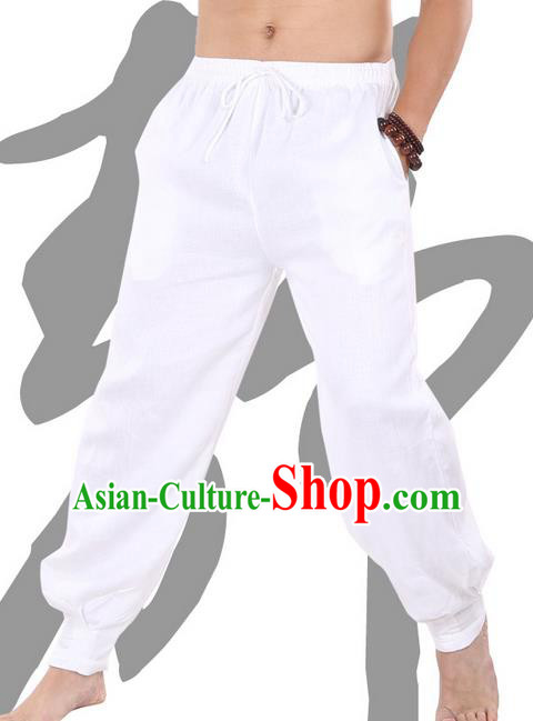 Top Grade Kung Fu Costume Martial Arts White Linen Pants Pulian Zen Clothing, Training Bloomers Gongfu Trousers Shaolin Wushu Tai Chi Meditation Plus Fours for Men