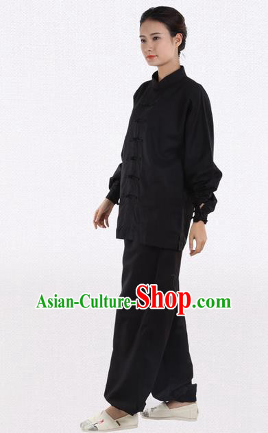 Top Grade Kung Fu Costume Martial Arts Black Linen Suits Pulian Zen Clothing, Training Costume Tai Ji Meditation Uniforms Gongfu Wushu Tai Chi Plated Buttons Clothing for Women