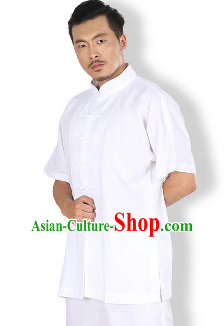 Top Grade Kung Fu Costume Martial Arts White Linen Suits Pulian Zen Clothing, Training Costume Tai Ji Meditation Uniforms Gongfu Wushu Tai Chi Short Sleeve Clothing for Men