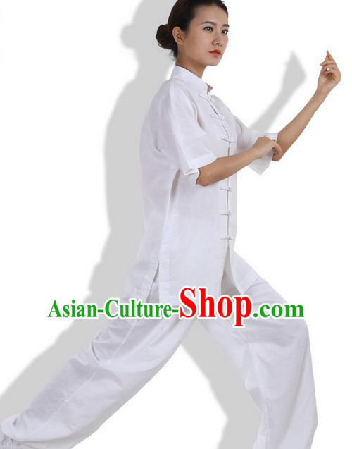 Top Grade Kung Fu Costume Martial Arts White Linen Suits Pulian Zen Clothing, Training Costume Tai Ji Meditation Uniforms Gongfu Wushu Tai Chi Short Sleeve Clothing for Women