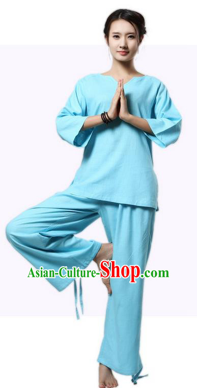 Top Grade Kung Fu Costume Martial Arts Blue Linen Suits Pulian Clothing, Zen Costume Tai Ji Meditation Uniforms Wushu Tai Chi Short Sleeve Clothing for Women
