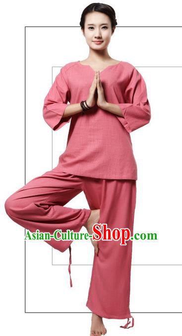 Top Grade Kung Fu Costume Martial Arts Rose Linen Suits Pulian Clothing, Zen Costume Tai Ji Meditation Uniforms Wushu Tai Chi Short Sleeve Clothing for Women