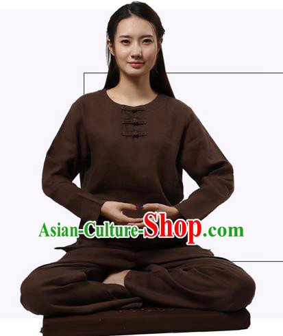 Top Grade Kung Fu Costume Martial Arts Coffee Linen Suits Pulian Clothing, Zen Costume Tai Ji Meditation Uniforms Wushu Tai Chi Long Sleeve Clothing for Women