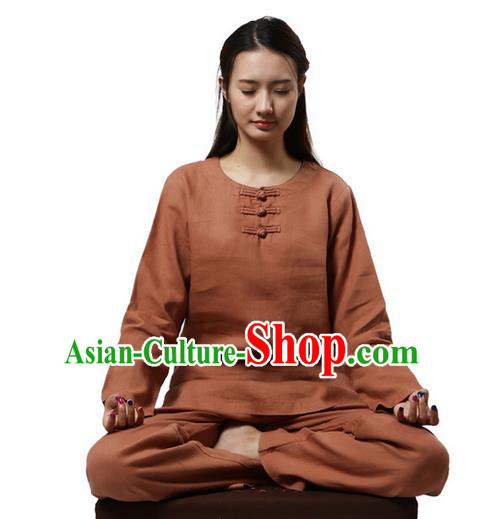 Top Grade Kung Fu Costume Martial Arts Rusty Red Linen Suits Pulian Clothing, Zen Costume Tai Ji Meditation Uniforms Wushu Tai Chi Long Sleeve Clothing for Women