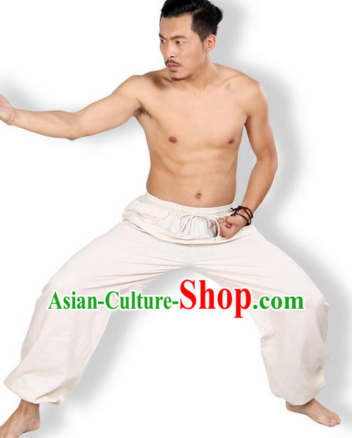 Top Grade Kung Fu Costume Martial Arts Beige Linen Pants Pulian Zen Clothing, Training Bloomers Gongfu Meditation Trousers Shaolin Wushu Tai Chi Plus Fours for Men