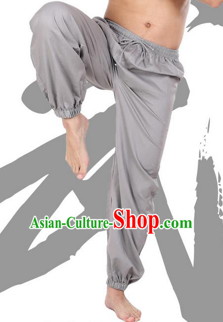 Top Grade Kung Fu Costume Martial Arts Grey Linen Pants Pulian Zen Clothing, Training Bloomers Gongfu Meditation Trousers Shaolin Wushu Tai Chi Plus Fours for Men