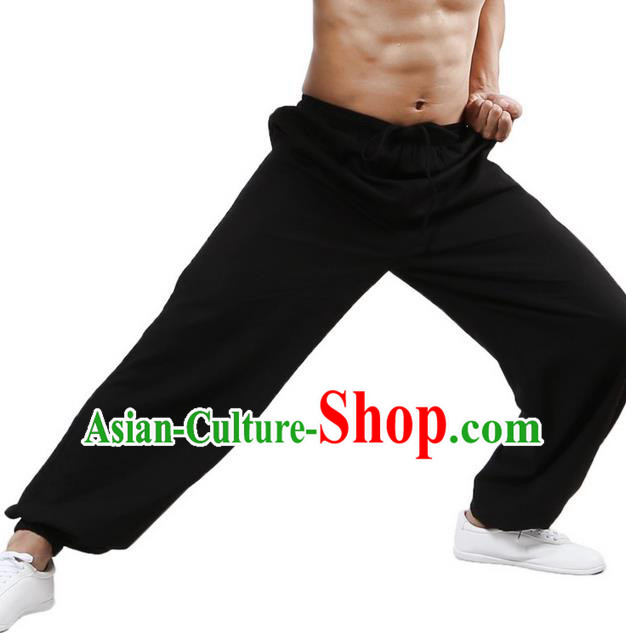 Top Grade Kung Fu Costume Martial Arts Black Linen Pants Pulian Training Bloomers, Gongfu Trousers Shaolin Wushu Tai Chi Plus Fours for Men