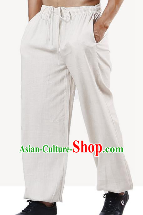 Top Grade Kung Fu Costume Martial Arts Beige Linen Pants Pulian Training Bloomers, Gongfu Trousers Shaolin Wushu Tai Chi Plus Fours for Men