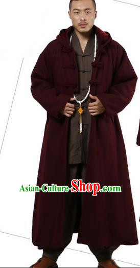 Top Grade Kung Fu Costume Martial Arts Woolen Pulian Clothing Wine Red Long Coat, Gongfu Shaolin Wushu Tai Chi Tang Suit Meditation Dust Coat for Women for Men