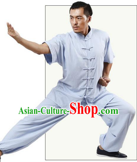 Traditional Chinese Kung Fu Costume Martial Arts Linen Blue Suits Pulian Meditation Clothing, Tang Suit Plated Buttons Uniforms Tai Chi Clothing for Women for Men