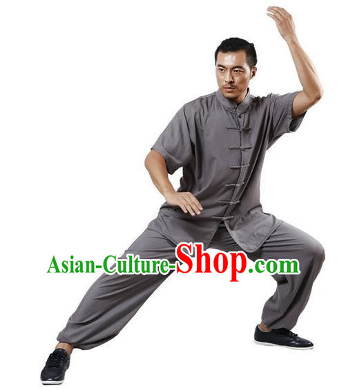 Traditional Chinese Kung Fu Costume Martial Arts Linen Grey Suits Pulian Meditation Clothing, Tang Suit Plated Buttons Uniforms Tai Chi Clothing for Men