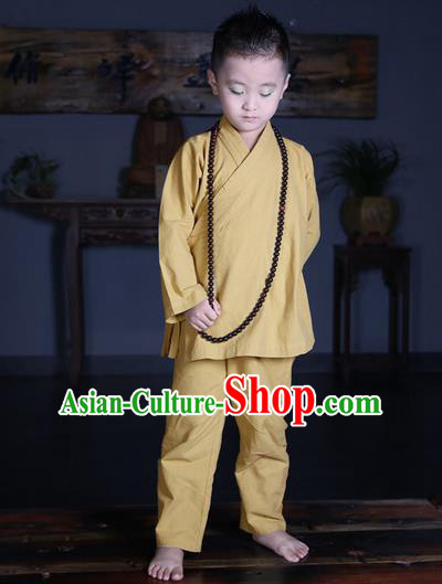 Traditional Chinese Kung Fu Costume Martial Arts Litter Monk Suits Pulian Meditation Clothing, Children Tang Suit Uniforms Tai Chi Khaki Clothing for Kids