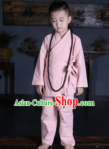 Traditional Chinese Kung Fu Costume Martial Arts Litter Monk Suits Pulian Meditation Clothing, Children Tang Suit Uniforms Tai Chi Pink Clothing for Kids